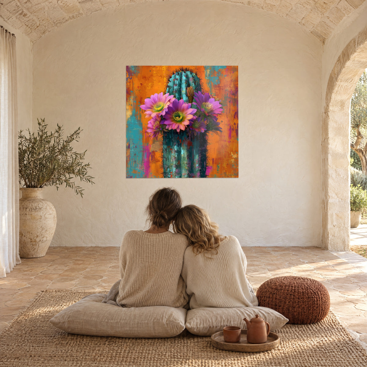 Wall art oasis of violet flowers on deep green cactus, vibrant orange background, admired by an embracing couple in a farmhouse