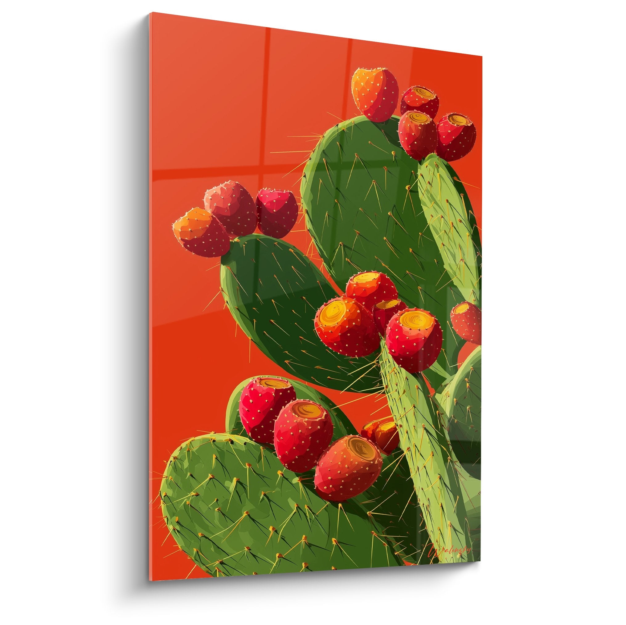 Tableau cubiste cactus vert aux fruits rouges éclatants sur fond orange vibrant art moderne géométrique