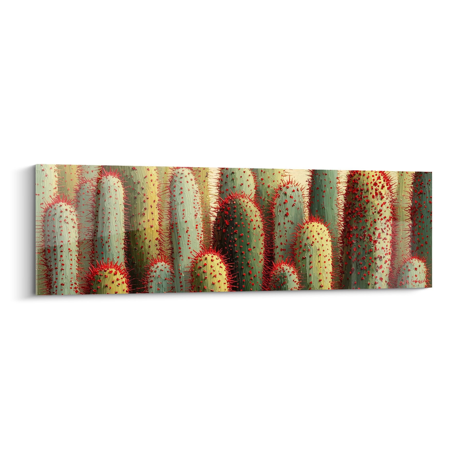 Tableau panoramique cactus colonnaires style cubisme vert olive rouge éclatant format horizontal moderne