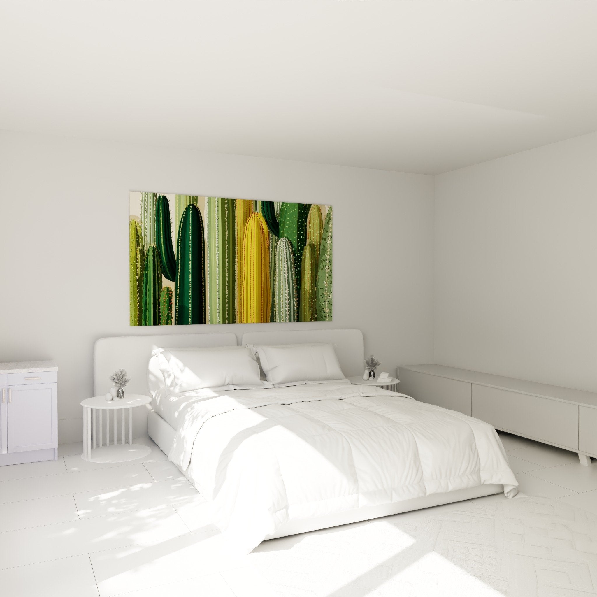 tableau cactus cubiste chambre decoration murale verte jaune ambiance moderne naturelle