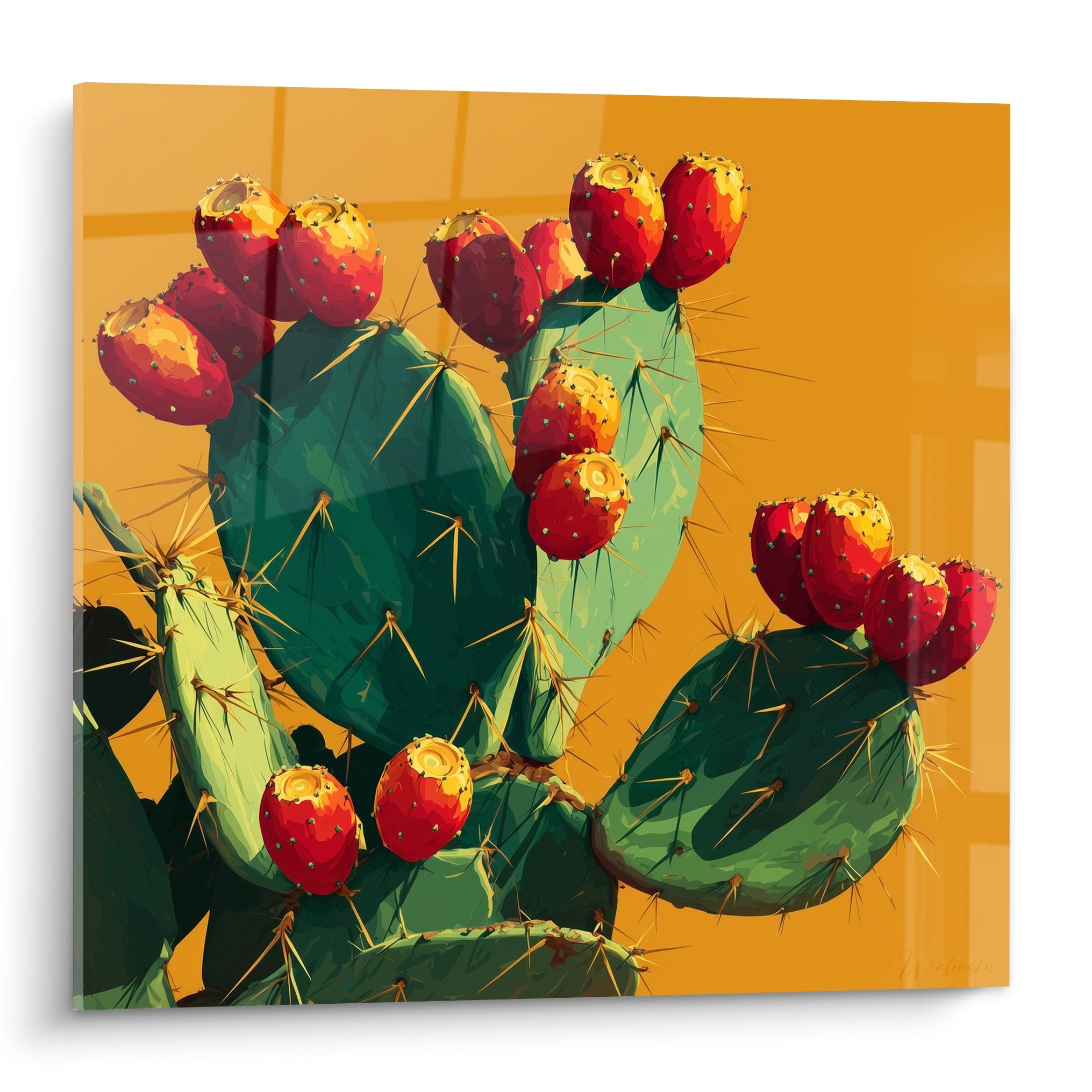 Tableau cubiste représentant des cactus géométriques verts aux fruits rouges sur fond ambré doré