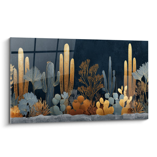 Tableau jardin de cactus dores sur fond bleu nuit, composition artistique desert stylise tons cuivres et bronze