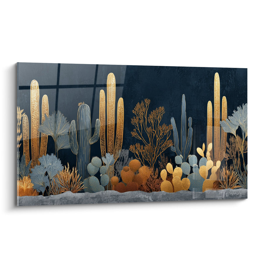 Tableau Jardin de Cactus Dorés et Bleus sur Fond Nocturne - Oasis Désertique - Edition Cubisme