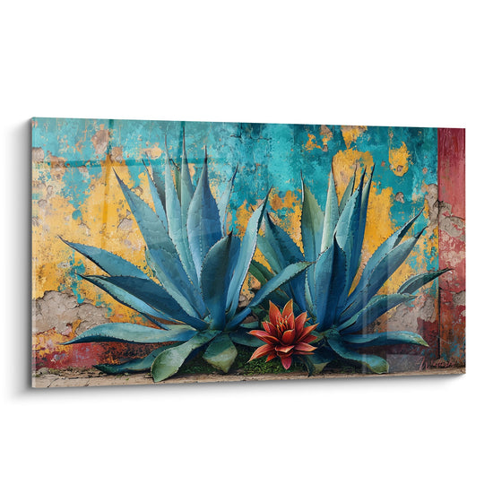 Quadro Cactus con Spine Blu Acciaio e Fiore Rosso su Muro Patinato Colorato - Bellezza Desertica - Edizione Cactus