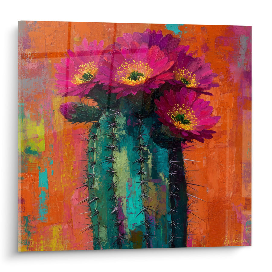 Tableau Cactus Fleuri Magenta sur Fond Orange Expressif - Éclat Désertique - Edition Cactus