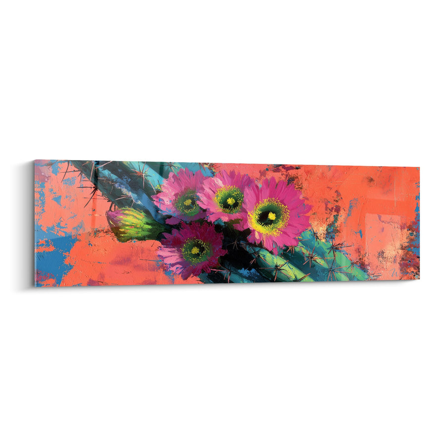 Tableau Cactus Colorés en Fleurs sur Fond Corail et Turquoise - Explosion Florale - Edition Cactus
