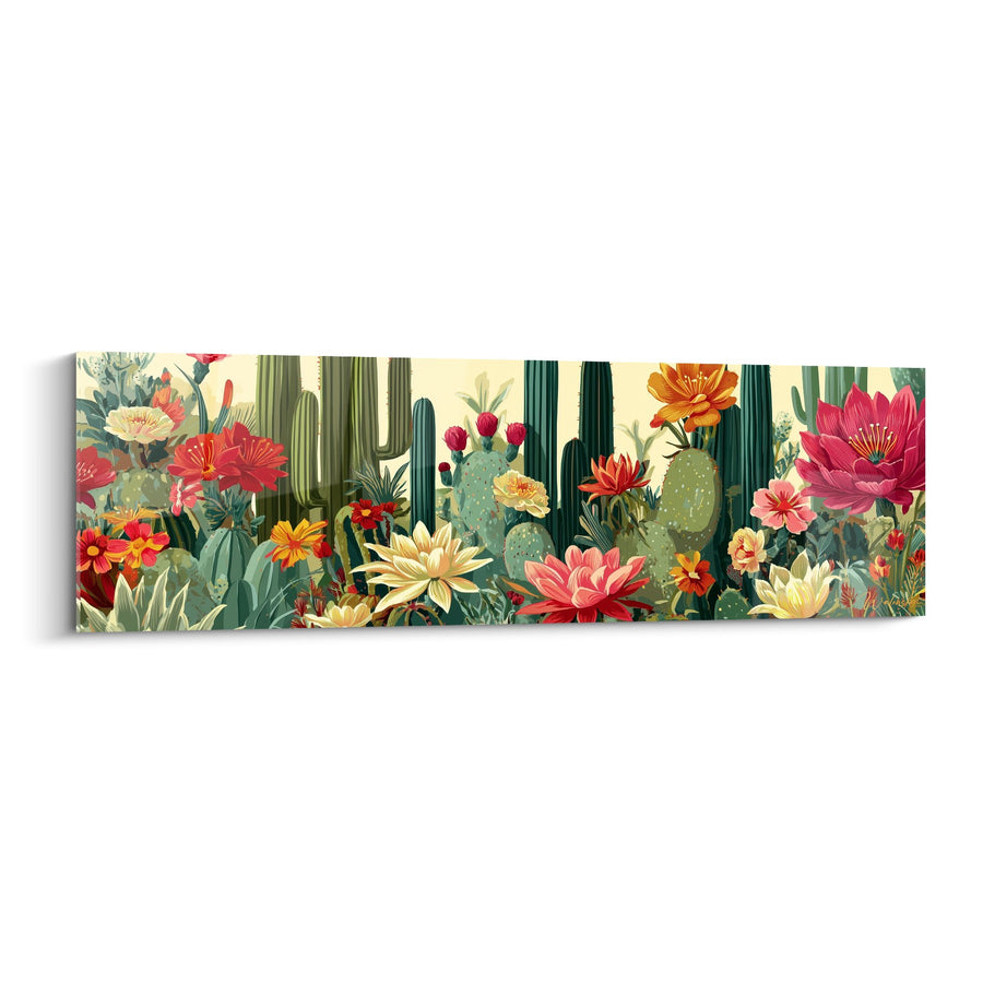 Tableau Panorama de Cactus Géants aux Fleurs Colorées - Jardin Désertique Fleuri - Edition Cactus