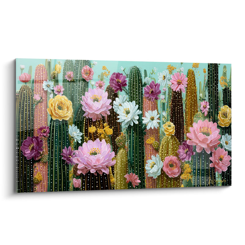 Tableau Cactus en Fleurs Multicolores sur Fond Turquoise - Jardin Décomposé - Edition Cubisme