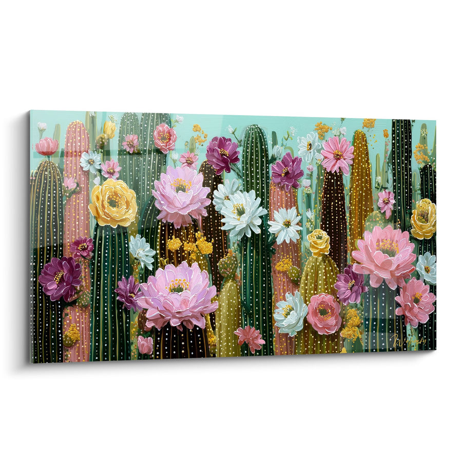 Tableau Cactus en Fleurs Multicolores sur Fond Turquoise - Jardin Décomposé - Edition Cubisme