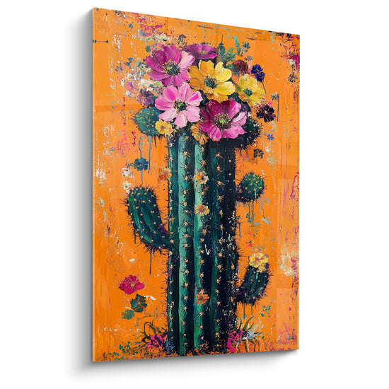 Quadro Cactus ai Fiori Multicolori su Fondo Arancione Scintillante - Fioritura Desertica - Edizione Cactus