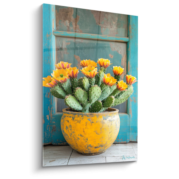 Cuadro de Cactus con Flores Naranja en Maceta Amarilla Envejecida frente a Persianas Azules Turquesa - Resplandor Desértico - Edición Cactus