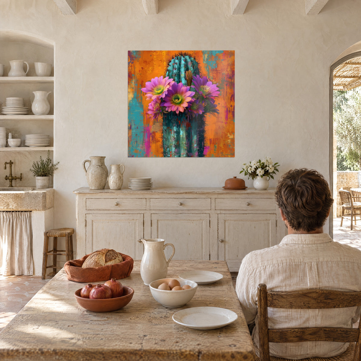 Wall art bouquet of purple and pink cactus flowers with yellow hearts, orange and turquoise pigments, facing a farmhouse dining table