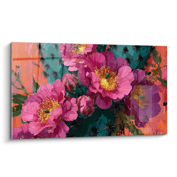 Tabel Bloemen Roze Fuchsiacolorige en Zwarte Dornen op Turquoise Oranje Achtergrond - Doornachtige Bloei - Cactus Editie