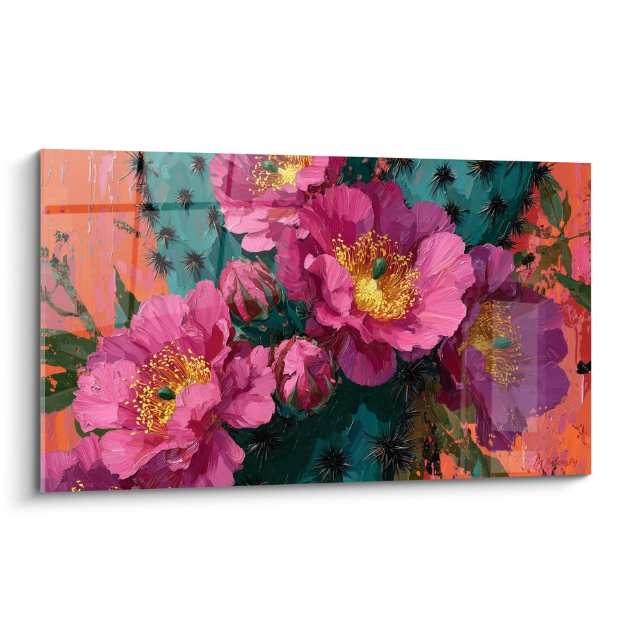 Tableau Fleurs Rose Fuschia et Épines Noires sur Fond Turquoise Orange - Floraison Épineuse - Edition Cactus