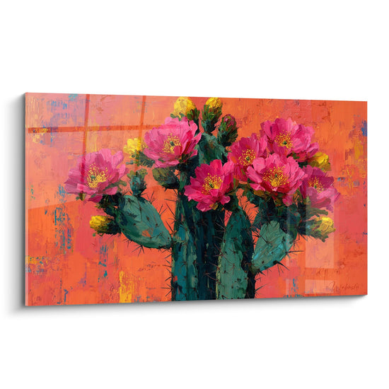 Tabel Cactus met Roze Fuchsia Bloemen op Levendige Oranje Achtergrond - Schittering van de Woestijn - Editie Cactus
