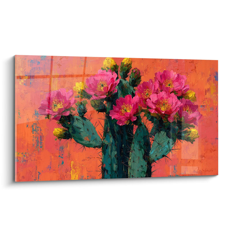 Tableau Cactus en Fleurs Rose Fuchsia sur Fond Orange Vibrant - Éclat du Désert - Edition Cactus