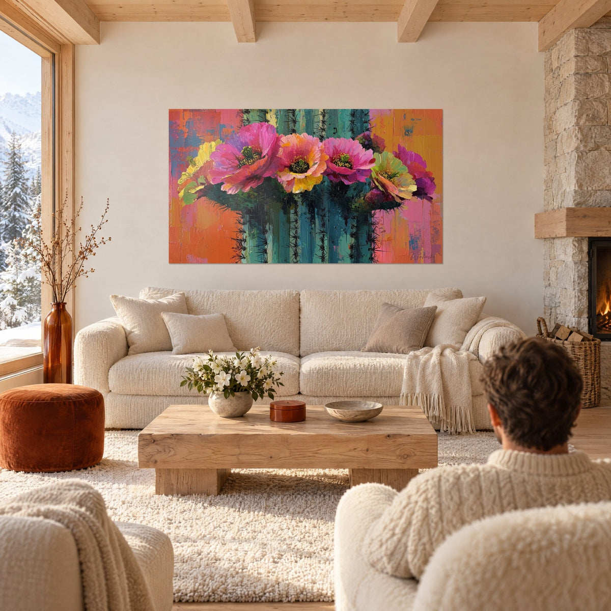 Tableau cactus en fleurs, pétales rose vif et orange sur fond corail, au-dessus d'un canapé dans un salon lumineux