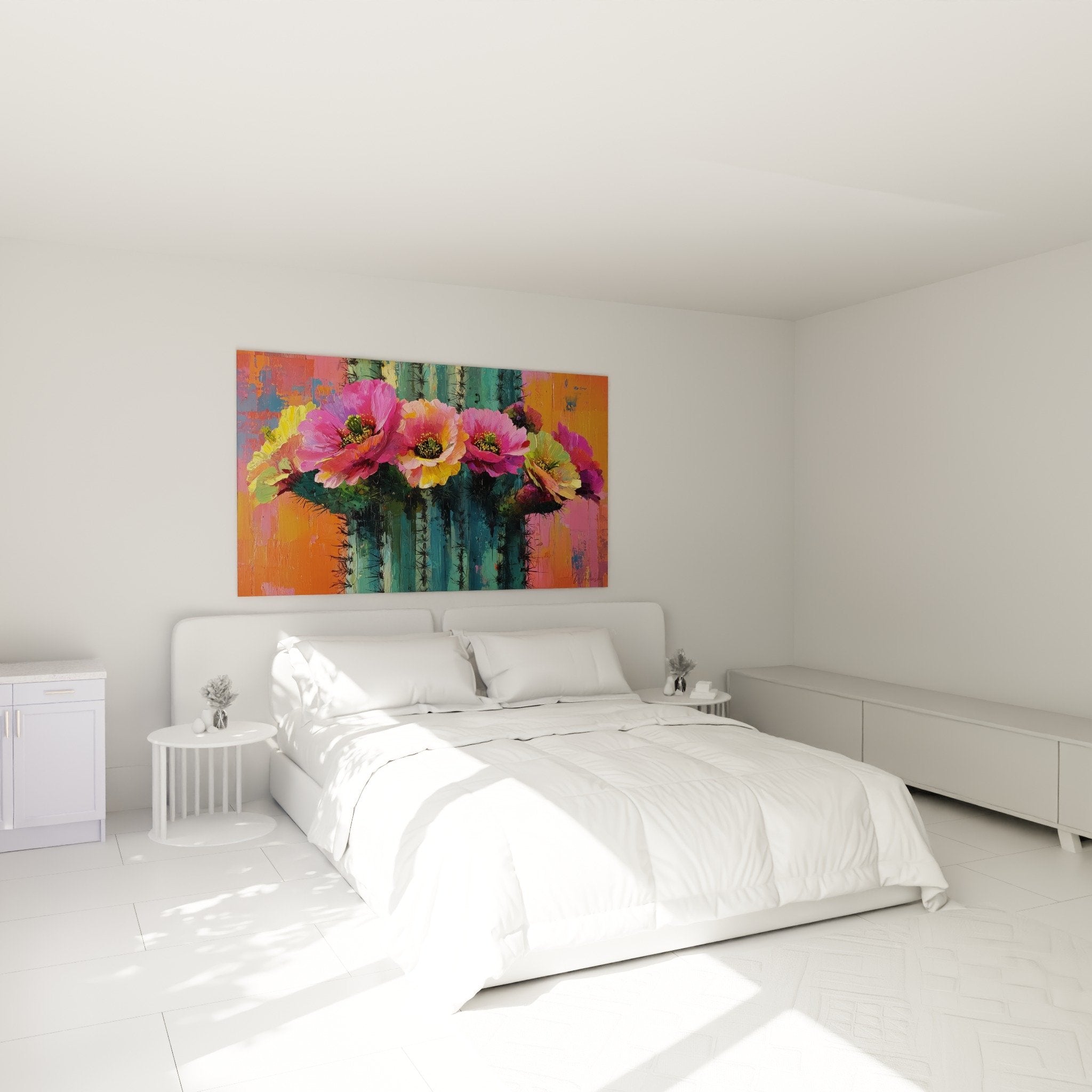 tableau cactus fleurs roses dans chambre moderne decoration murale coloree