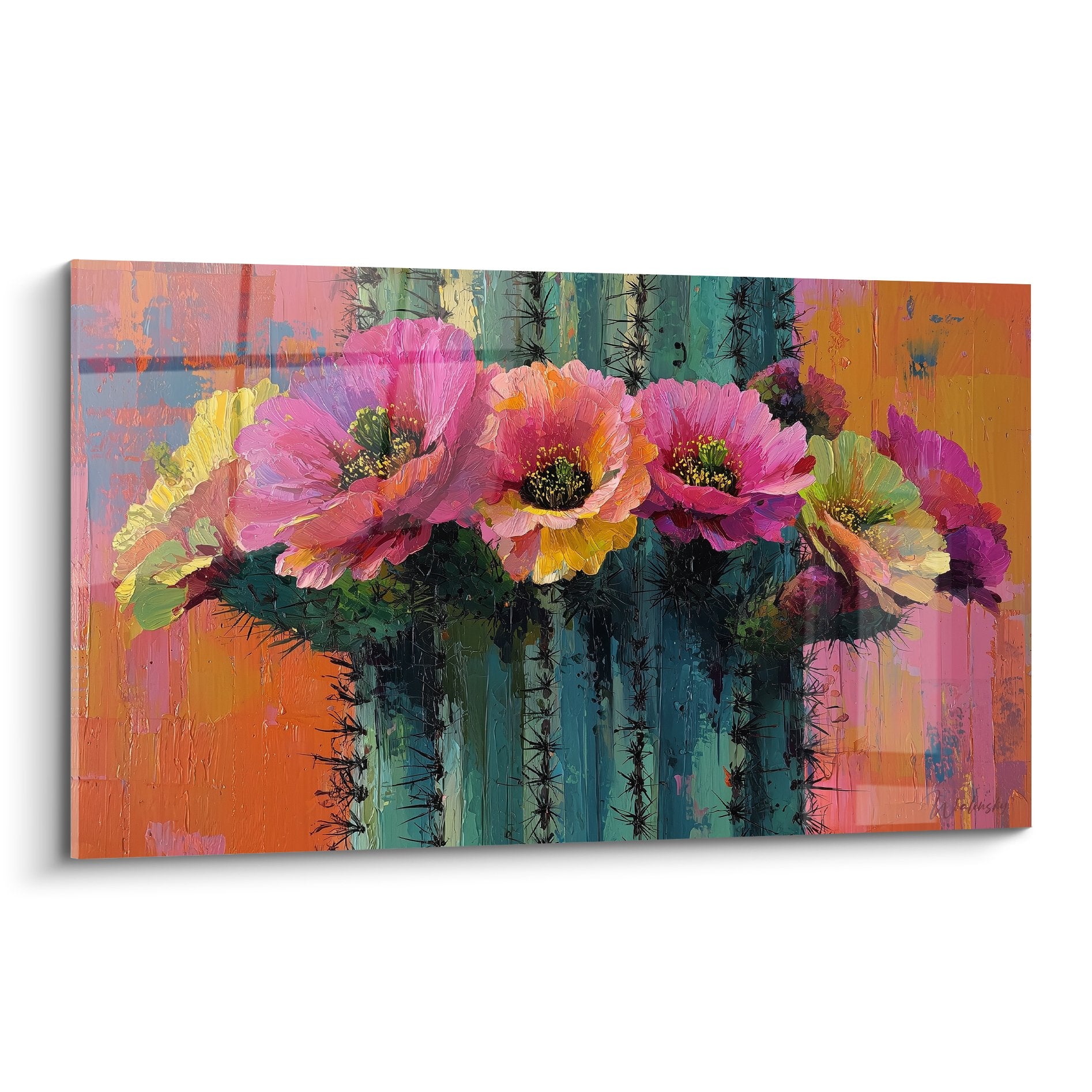 tableau cactus fleurs roses oranges style cubisme desert floraison colore