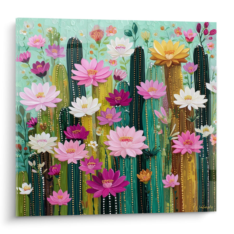 Tableau Cactus Multicolores en Fleurs Rose et Blanc sur Fond Turquoise - Jardin Géométrique - Edition Cubisme