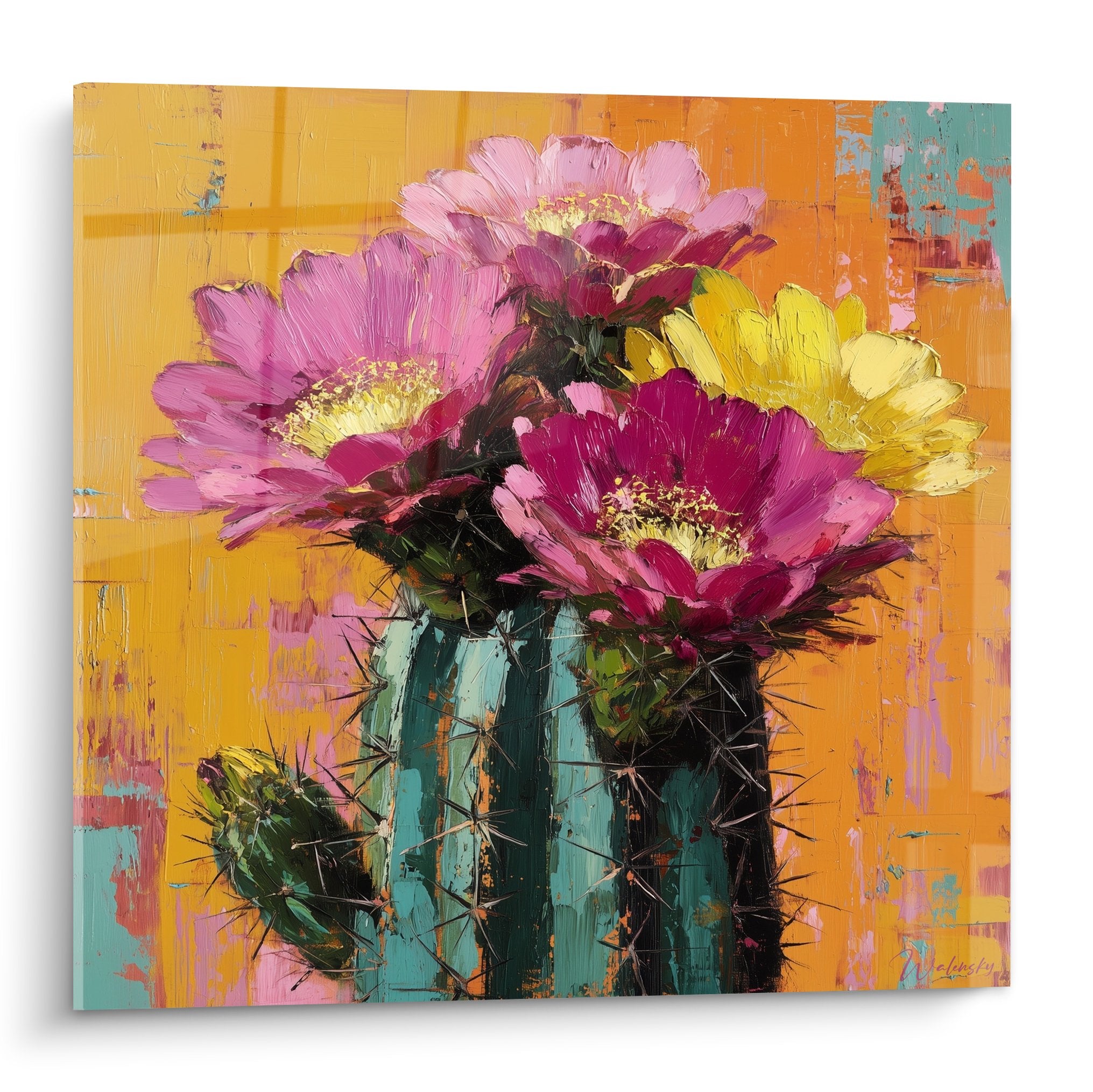 Tableau cactus fleuri roses violettes jaunes fond orange vif style expressionniste contemporain