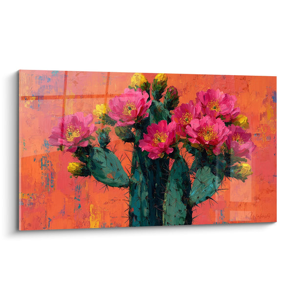 Cuadro de Cactus Espinoso con Flores Rosas Radiantes sobre Fondo Naranja - Florecimiento Desértico - Edición Cubismo