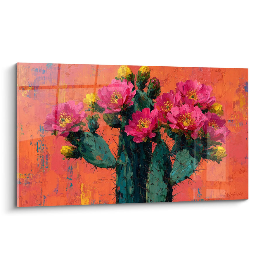 Tableau Cactus Épineux aux Fleurs Roses Éclatantes sur Fond Orange - Floraison Désertique - Edition Cubisme