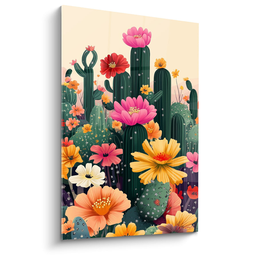 Tableau Jardin de Cactus en Fleurs Rose Orange et Jaune - Oasis Florale - Edition Cactus