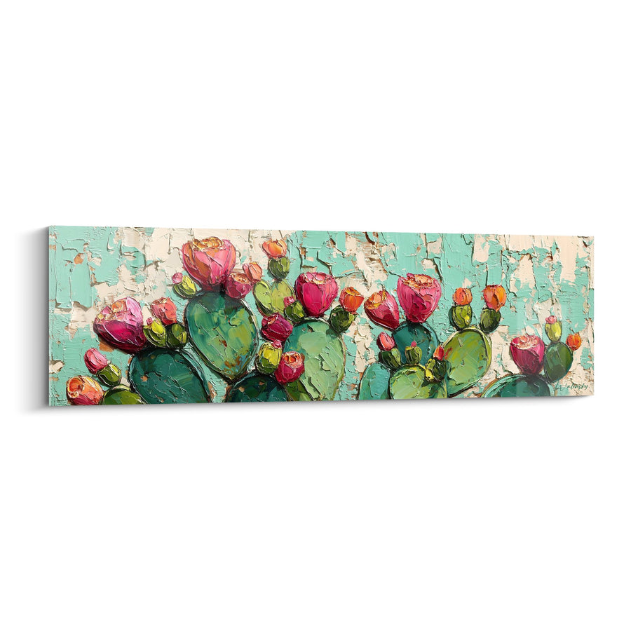 Tableau Cactus en Fleurs sur Fond Turquoise Craquelé - Floraison Désertique - Edition Cactus