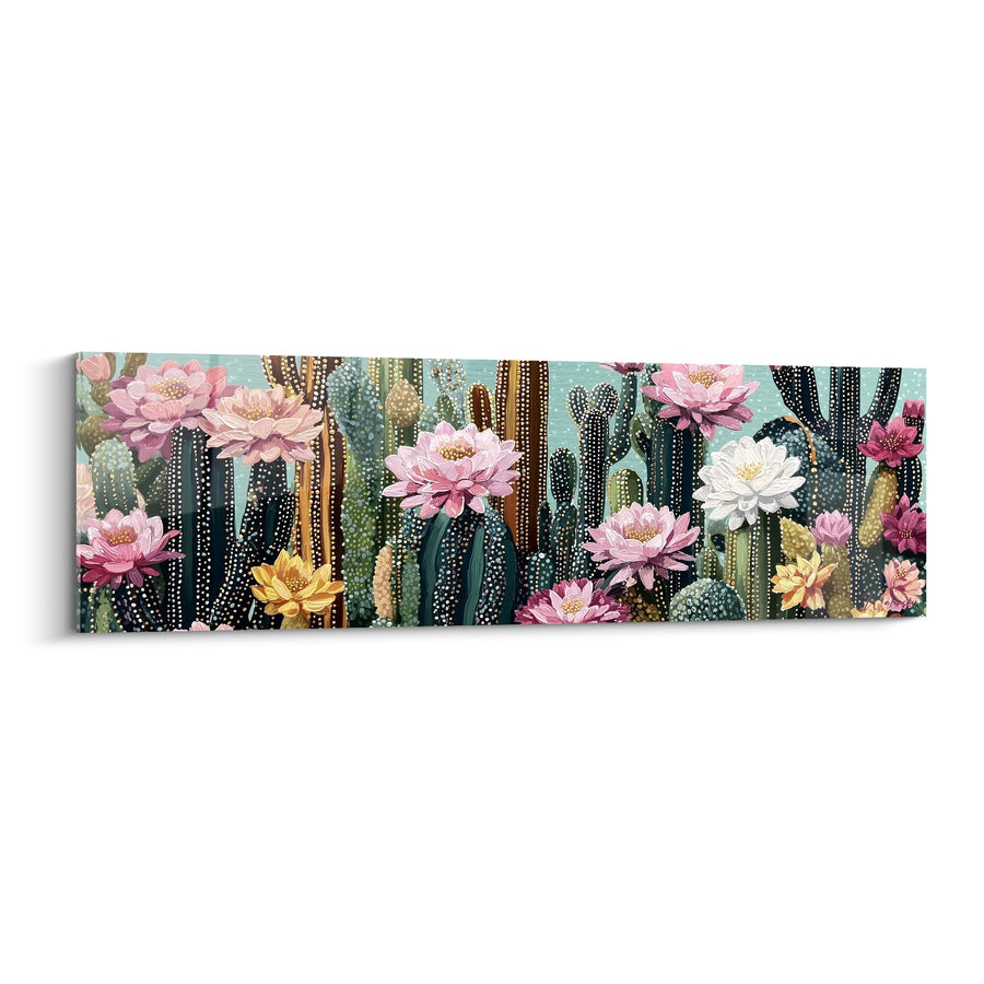 Tableau Cactus et Fleurs Roses sur Fond Turquoise - Jardin Désertique - Edition Cubisme