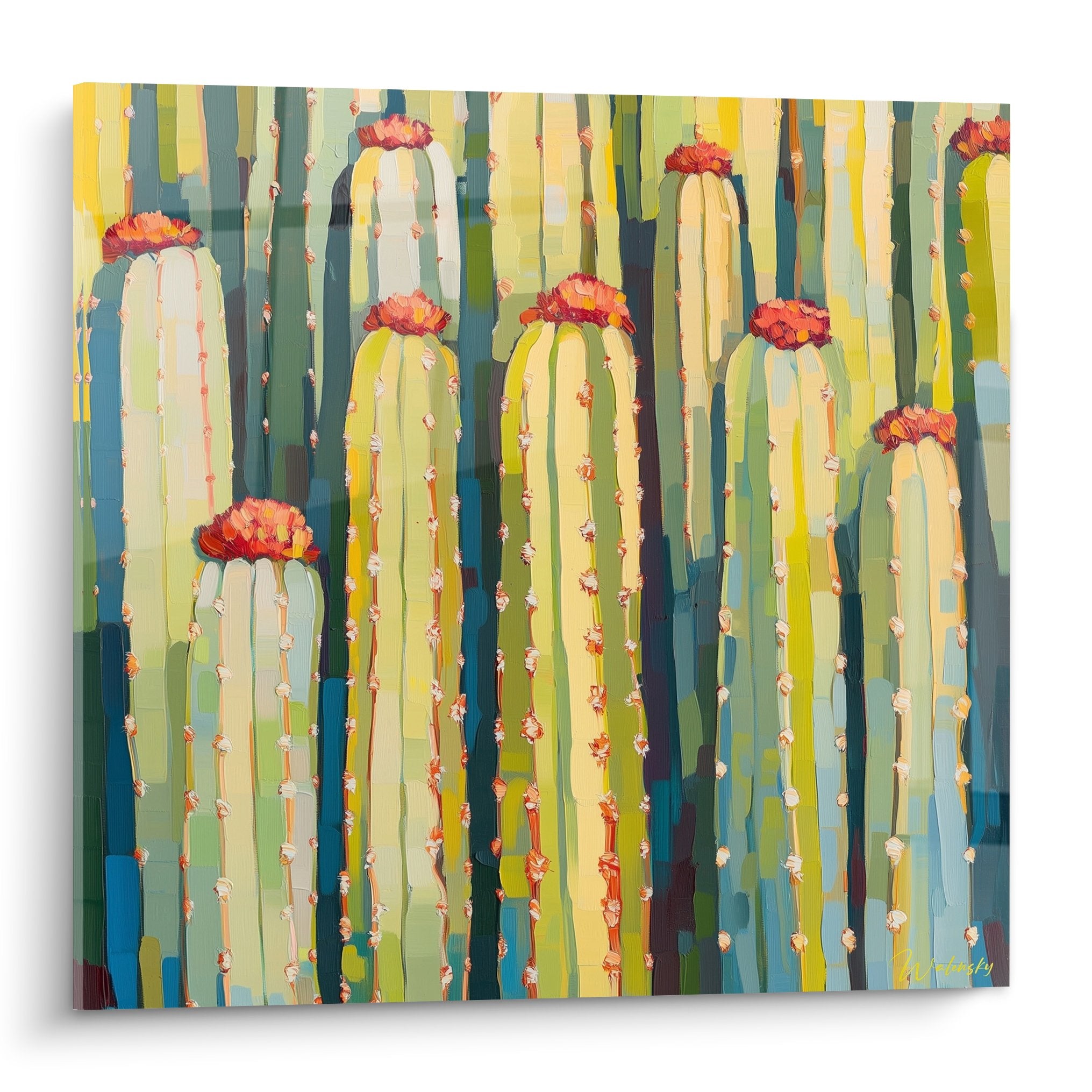 Tableau cubiste cactus verts fleurs rouges style geometrique desert moderne decoration murale
