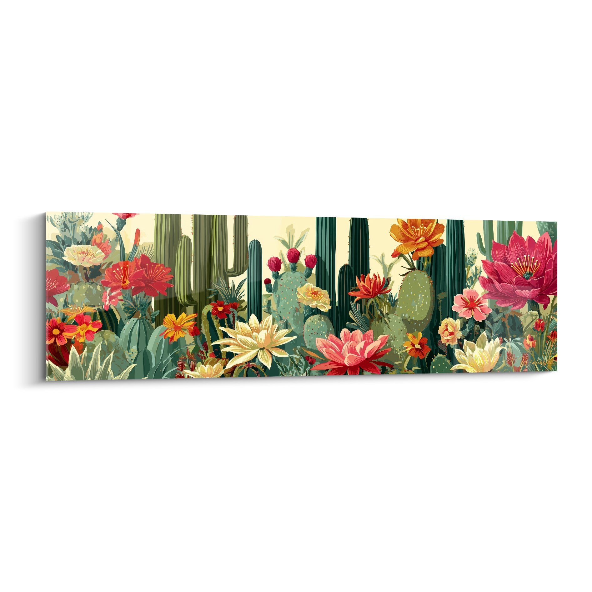 Panoramic painting giant cacti and multicolored tropical flowers cubism style cream background