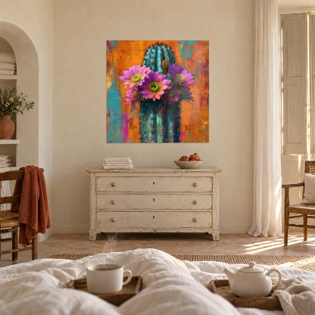 Wall art succulent bristling with black spines and magenta flowers, orange and turquoise background, above a bed in a bright bedroom