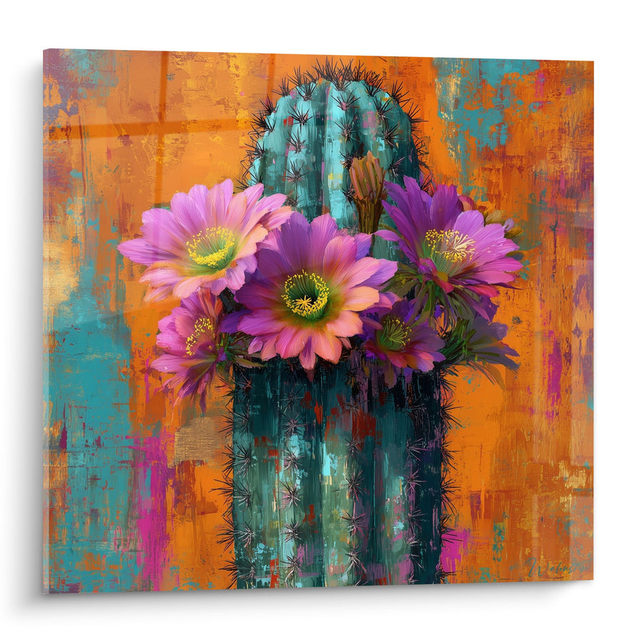 Tableau Cactus en Fleurs Violettes sur Fond Orange et Turquoise - Oasis Vibrante - Edition Cactus