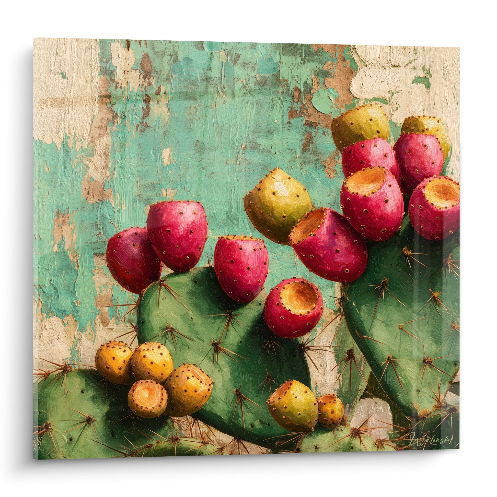 Tableau cactus fruits roses jaunes fond turquoise patiné style cubisme éclat désertique