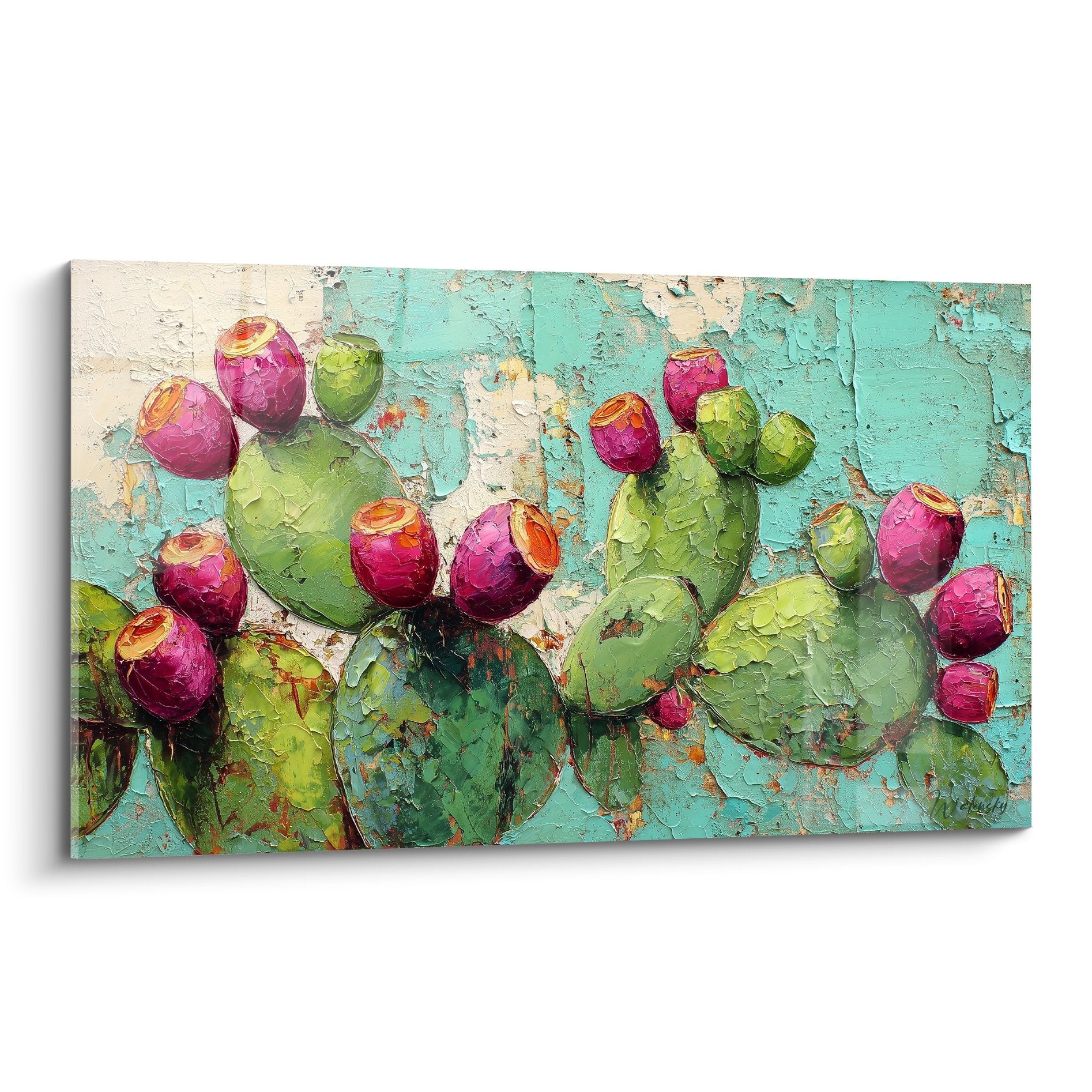 Tableau cactus aux fruits roses sur fond turquoise patiné, peinture épaisse style botanique coloré