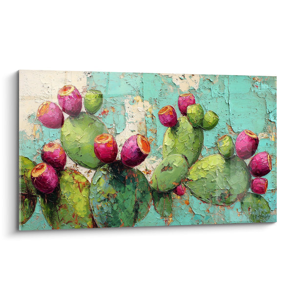 Cuadro de Cactus con Frutas Rosas Fucsia sobre Fondo Turquesa Envejecido - Jardín del Desierto - Edición Cactus