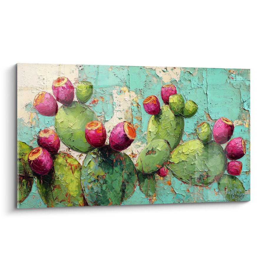 Tableau Cactus aux Fruits Rose Fuchsia sur Fond Turquoise Patiné - Jardin du Désert - Edition Cactus