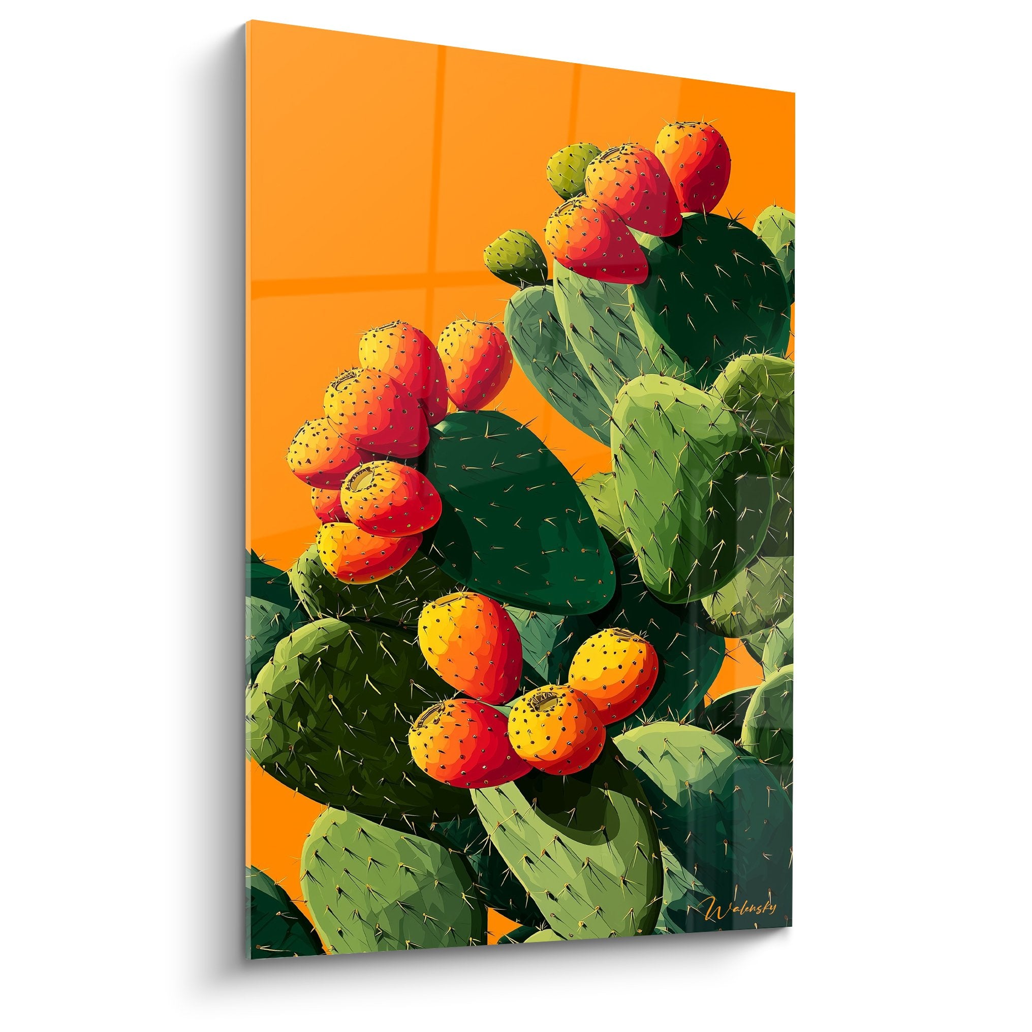 Tableau moderne représentant un cactus aux fruits rouges et jaunes sur fond orange éclatant dans un style cubiste