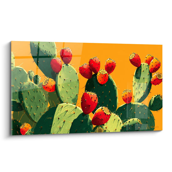 Quadro Cactus con Frutti Rossi e Pads Verdi su Sfondo Arancione Vivace - Splendore del Deserto - Edizione Cactus