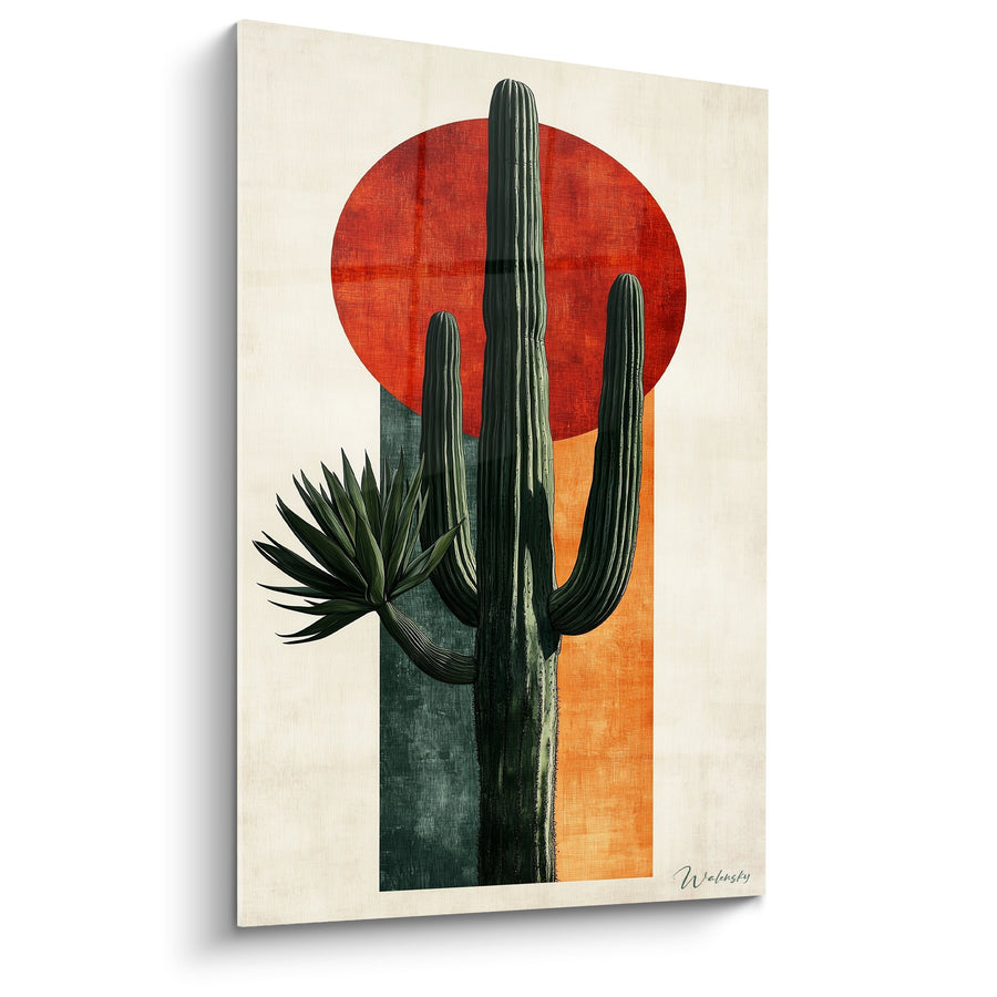 Tableau Cactus Géométrique Rouge Orange et Formes Abstraites - Désert Moderne - Edition Cubisme
