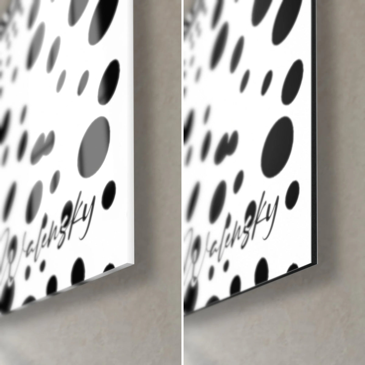 Wall art of a black cactus on black and white, bottom right corner: glossy acrylic glass on the left, matte Dibond on the right, 3 mm black edge