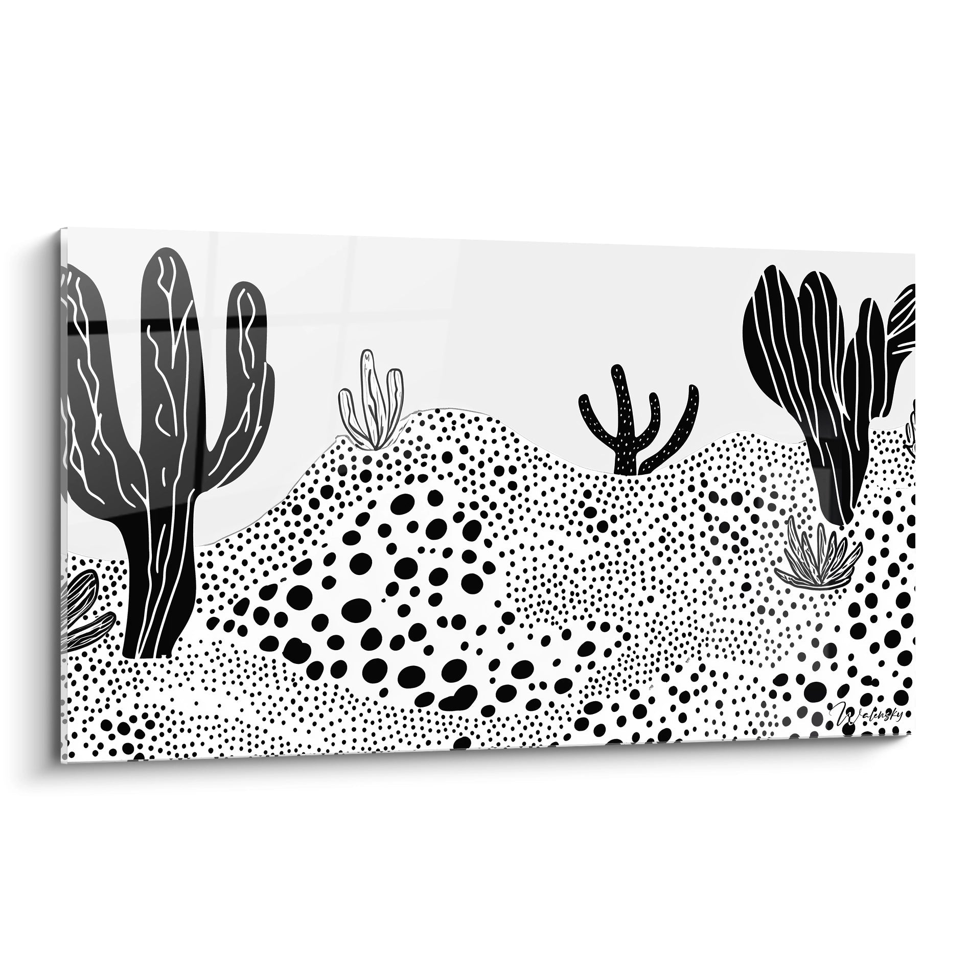 Tableau tacheté noir et blanc de Walensky représentant un paysage désertique avec des cactus stylisés