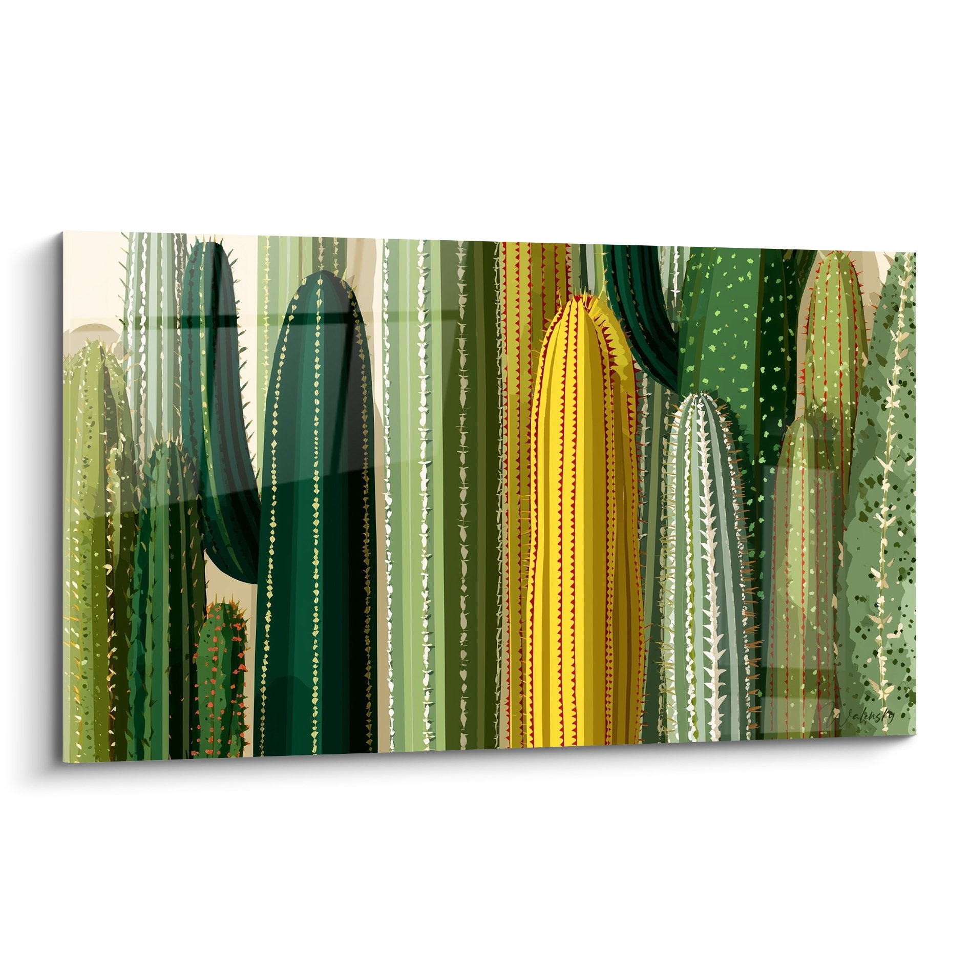Composition artistique de cactus multicolores avec specimen jaune central sur fond beige sable