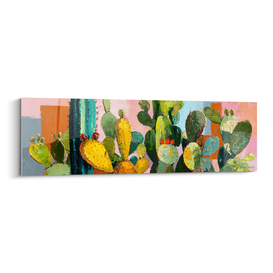 Tableau Composition de Cactus Multicolores sur Fond Rose et Orange - Jardin Artistique - Edition Cactus