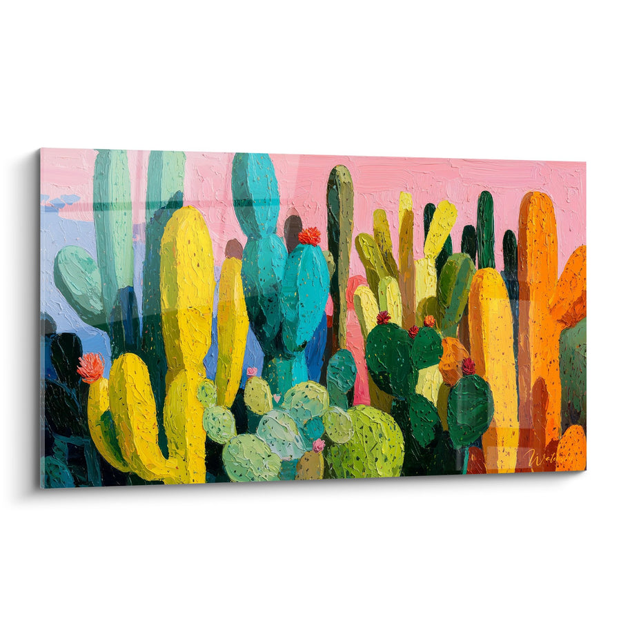 Tableau jardin de cactus multicolores sur fond rose - Oasis désertique - Edition Cactus