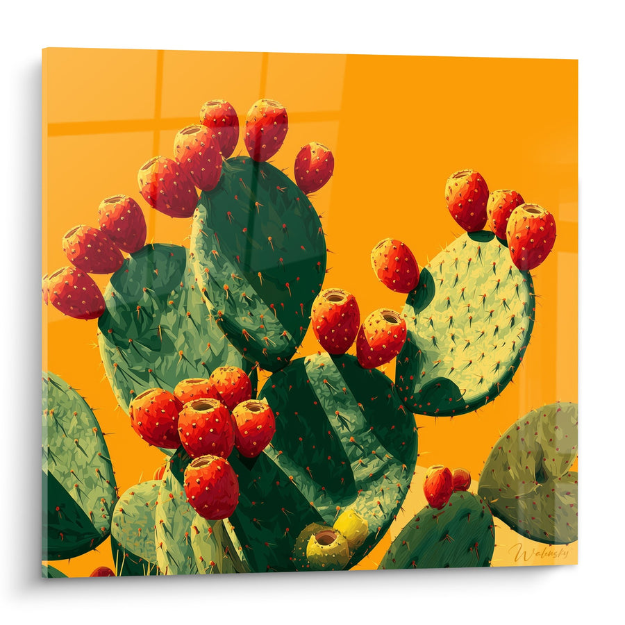 Tableau Cactus Raquettes aux Fruits Rouges sur Fond Orange Vif - Oasis Désertique - Edition Cubisme