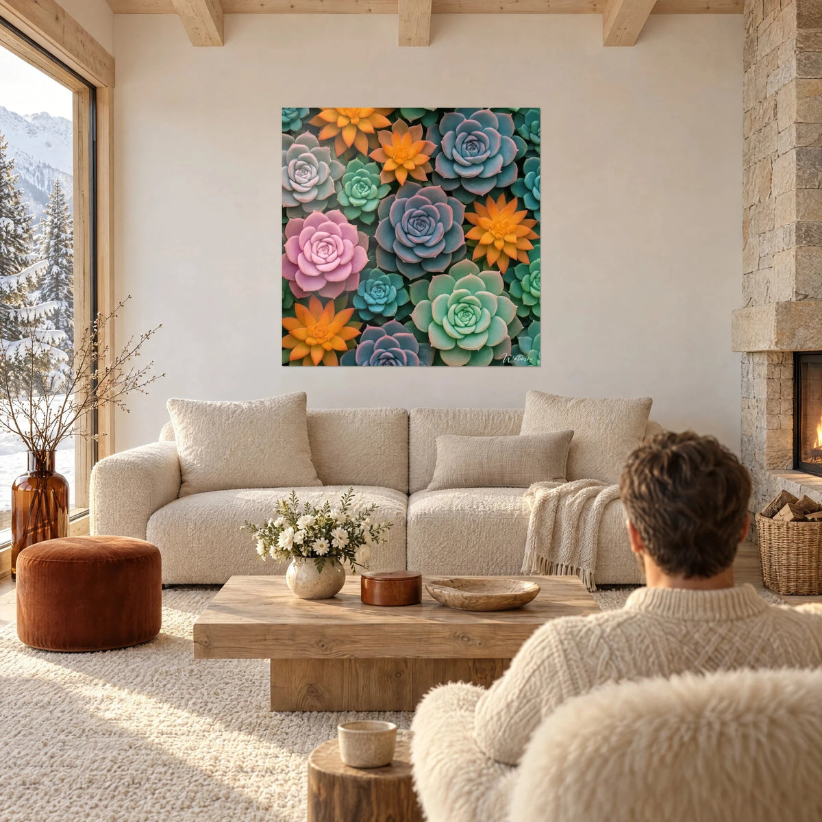 Wall art of pastel succulents in rosettes of pink, blue-grey and orange, seen from behind, above a sofa in a bright living room
