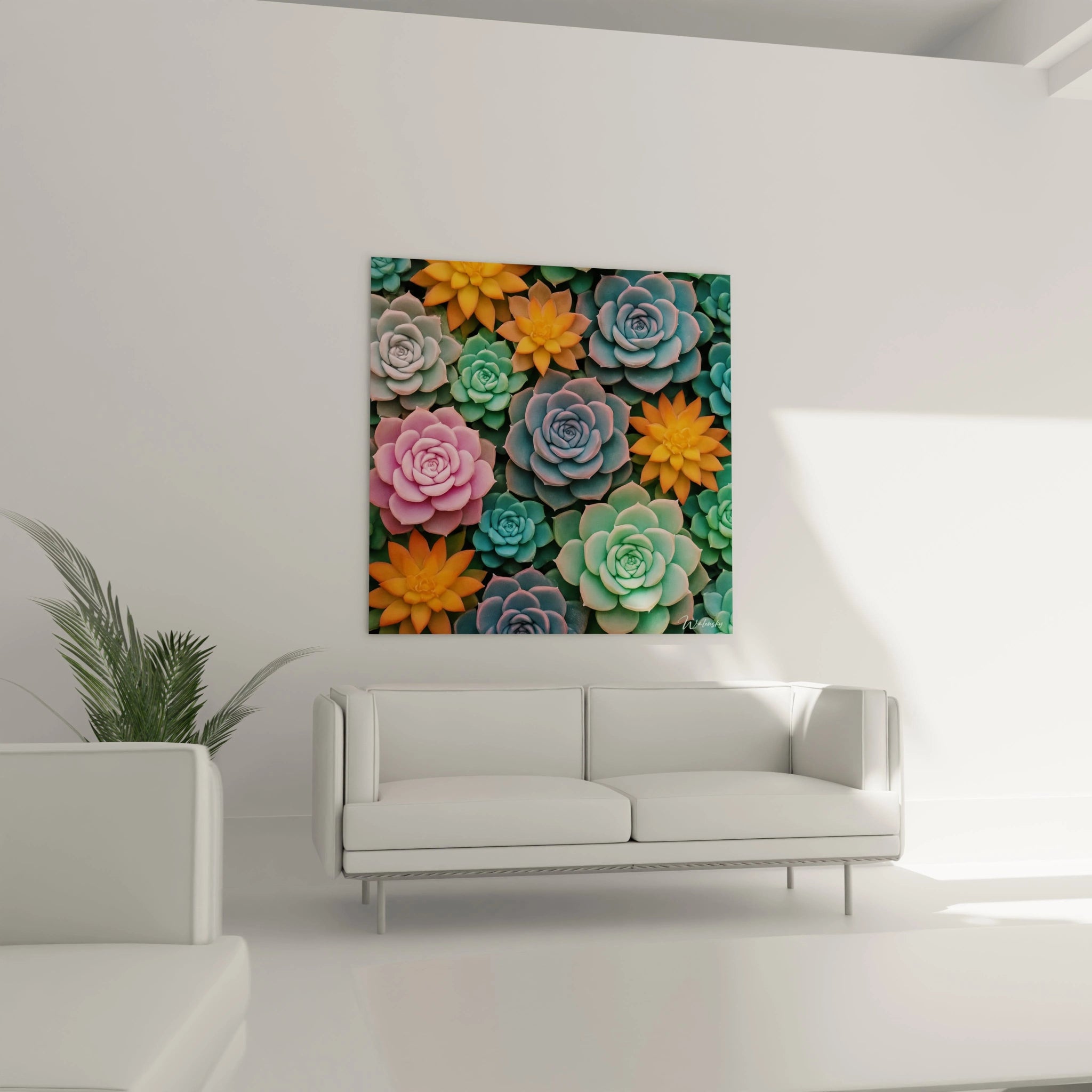 Un tableau succulentes capturant un jardin miniature de plantes grasses aux formes circulaires parfaites. Les teintes vertes, bleues et orange s'entremêlent dans une composition serrée révélant des textures charnues et des transitions chromatiques délicates.
