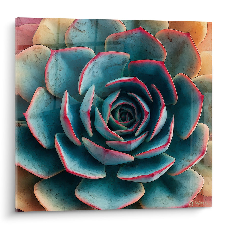 Tableau Cactus Rosette Turquoise et Rose aux Reflets Nacrés - Splendeur Succulente - Edition Cactus